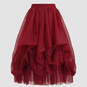 Cider VOLUMINOUS MESH MID RISE RUFFLE TULLE MAXI chic burgundy SKIRT L AB9-9